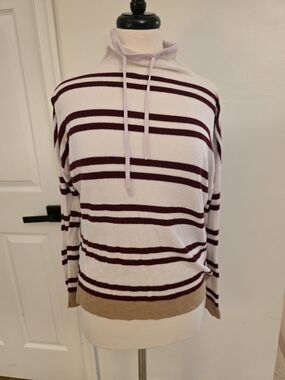 Lou & Grey Cream Striped Turtleneck with Burgundy and Tan Accents